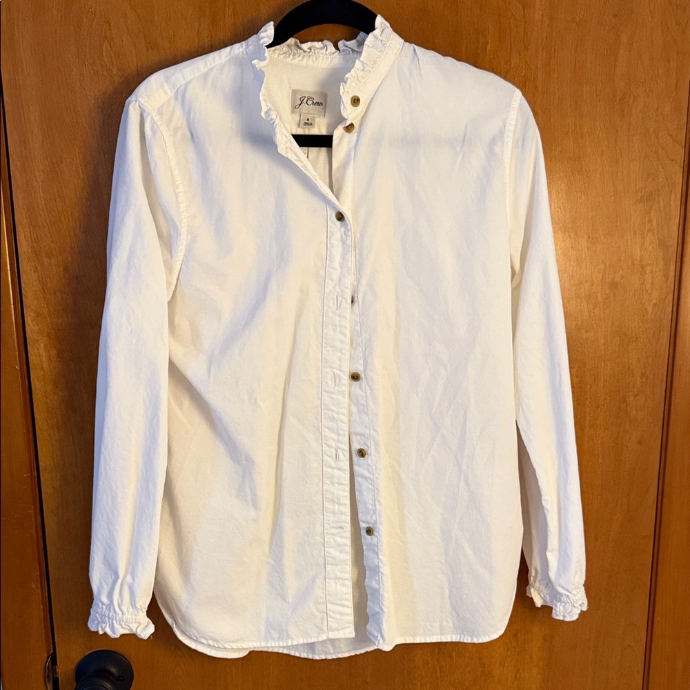 J. Crew White Ruffle-Neck Button-Down Shirt
